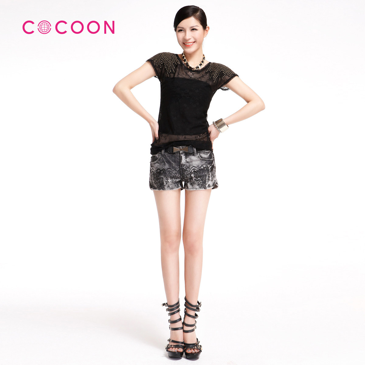 COCOON2012新品透视蕾丝钩花修身百搭短袖T恤312103011原价899