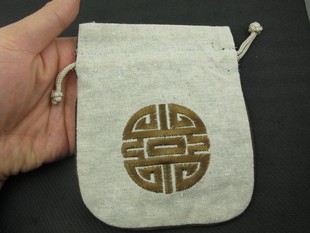 麻织布袋 天然棉麻软质 刺绣 寿字 束口 随身袋
