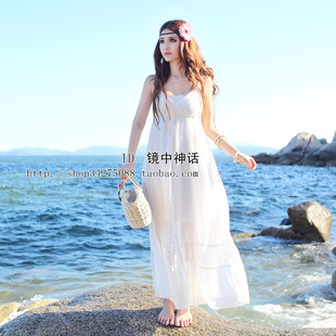  沙滩裙 v领白色 拖地长裙 波西米亚 夏季连衣裙 欧美原单大码显瘦