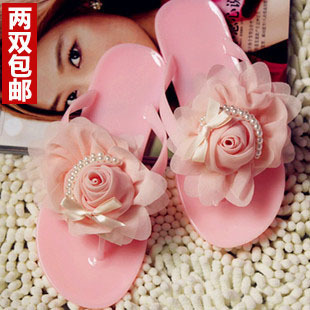  6月新款 花朵果冻鞋 粉色玫瑰花凉鞋女式糖果色 平底人字拖 凉拖