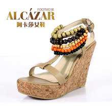 预售2012年新夏款阿卡莎真皮内里彩色串珠坡跟罗马凉鞋AL2215-3