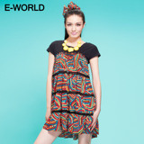 E-WORLD【衣我的】新款女印花拼接A字大摆裙|I9217