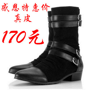  时尚潮流尖头折皱男式靴子男靴子磨砂时尚靴真皮靴男鞋牛仔靴