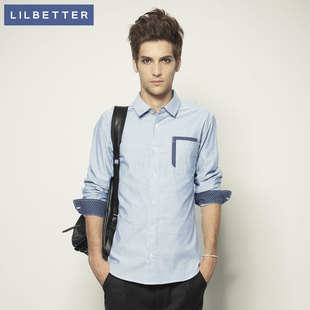  包邮男装长袖衬衫 男士淡蓝拼接长袖个性修身衬衣寸衫潮lilbetter
