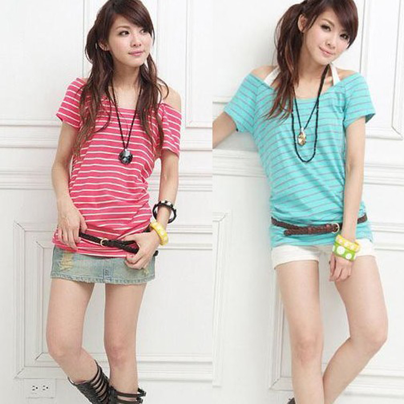 一字领修身条纹t恤...