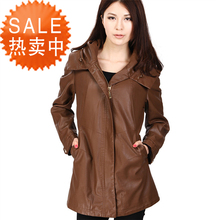 春秋装海宁皮衣女<span class=H>款</span> 特价加大码连帽皮外套女<span class=H>中长</span><span class=H>款</span>皮风衣包邮
