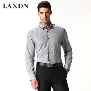  莱克斯顿LAXDN 男士休闲长袖衬衫 时尚格子织花衬衣 纯棉衬衫3040