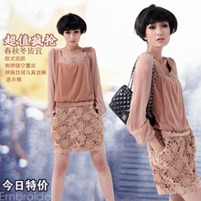 2012春装新款！18城正品商城女装6折促 真丝丝绒长袖缕空OL连衣裙