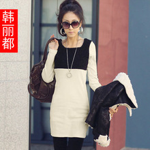 韩丽都2012春装 新款女装 撞色毛毛拼接修身中长款连衣裙91025