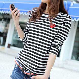 2011新款 显瘦 纯棉女款 长款圆领长袖黑白条纹打底衫