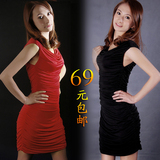 2012春装新款 欧美明星同款连衣裙 褶皱无袖百搭V领显瘦礼