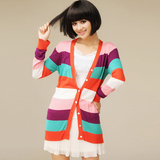 彩虹 奈叶女装2012春装新款韩版条纹空调开衫中长款防晒衣外套