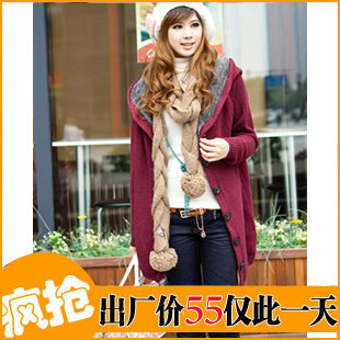 2011冬秋装新款女装韩版大码中长款加厚保暖加绒开衫连帽毛衣外套