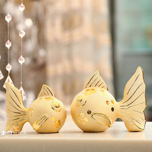  现代家饰 新房摆件 结婚礼物 陶瓷工艺品 镀金 超萌卡通鱼存钱罐