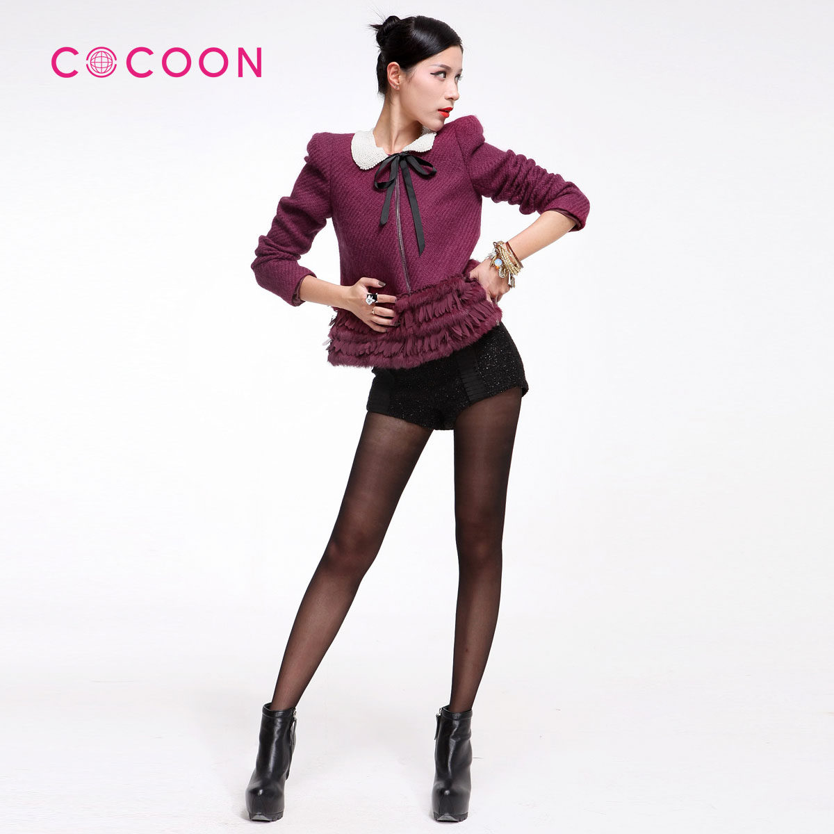 COCOON可可尼2012新品圆领长袖兔毛大衣<span class=H>外套</span>上衣女 714207009