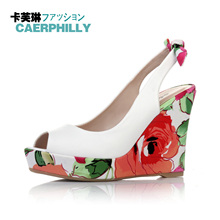 99元 卡芙琳新款女鞋 防水台鱼嘴高跟鞋 花朵蝴蝶结凉鞋CL11231