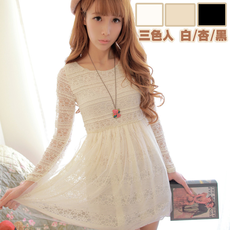 纯素色蕾丝花边透明长袖...