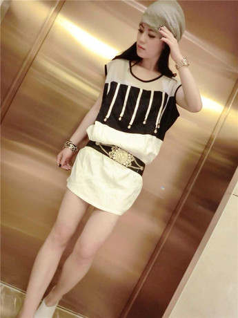 欧洲站2014夏新款 欧版女装 撞色拼接休闲时尚