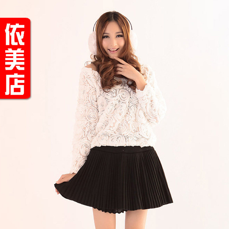 依美店 2012春装新款3D立体玫瑰花朵网纱圆领短款宽松套头<span class=H>上衣</span>