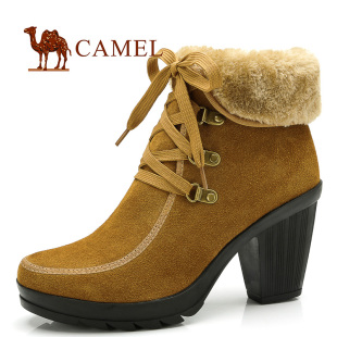  camel骆驼 女靴 牛皮 保暖绒里 绒毛粗跟短靴 时尚短靴