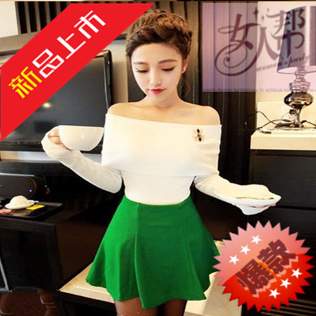 天马韩版性感翻领<em>一字</em>领<em>肩</em>针织衫73478红色白