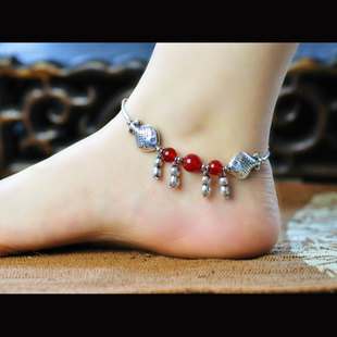  淘金币 新年情人节礼物 中国风原创手工 红玛瑙苗银双鱼脚链109