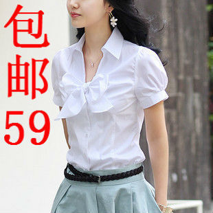 2012夏季新款韩版修身气质女衬衫职业装蝴蝶结衬衣 女包邮淑女屋