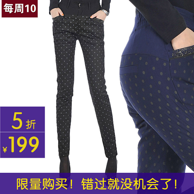 特价波点弹力高腰大码羽绒裤女外穿修身小脚裤子棉裤花色靴裤A929