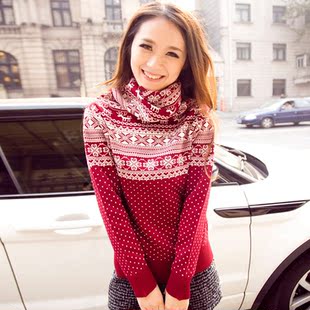  冬装新款女装韩版厚毛衣宽松高领套头针织打底衫长袖麋鹿图案