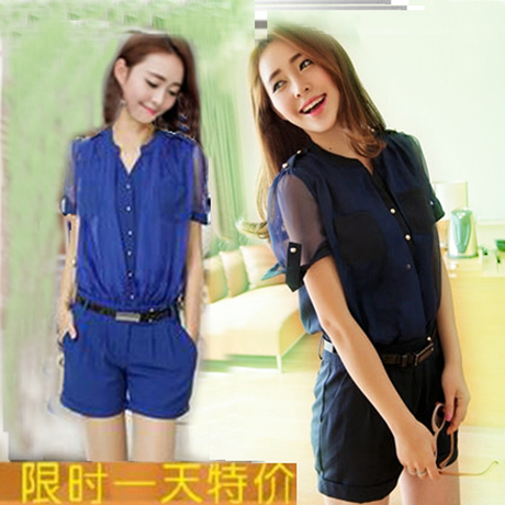 时尚大码乱麻<em>雪纺短袖连衣</em>裤 夏女连体<em>短裤</em>连