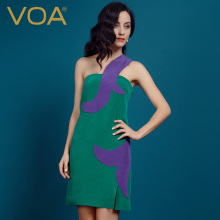 VOA 紫绿重磅真丝单肩带裹胸露背开叉不规则创意拼接短款连衣裙图片