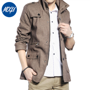  MOGUBLEU 韩版修身中长款立领男装夹克 休闲羊毛呢子男士