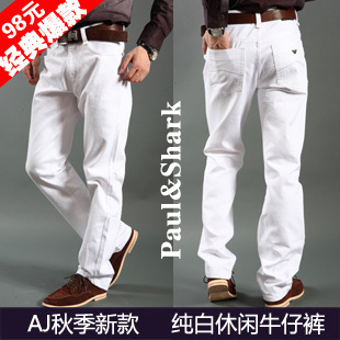  人气爆款 韩版时尚休闲白色牛仔裤 男士修身直筒厚款长裤 AJ牛王