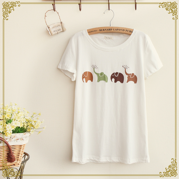 日系森女系 14年夏季 新款女装 可爱小象印花 纯棉打底短袖 T恤