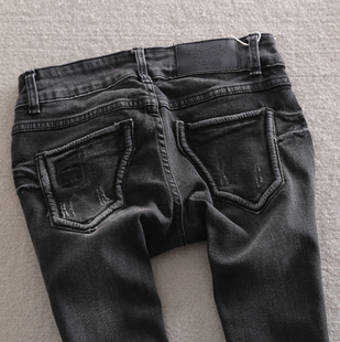  秋冬新款 韩版黑灰色复古紧身显瘦破洞补丁女式牛仔九分小脚靴裤