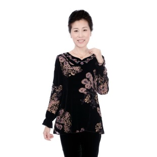  中老年女装真丝绒长袖t恤 正品牌春秋季新品高档妈妈装上衣