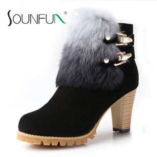  sounfun 真兔毛秋冬高跟时尚短靴真皮女靴子女鞋清仓雪地靴棉靴女