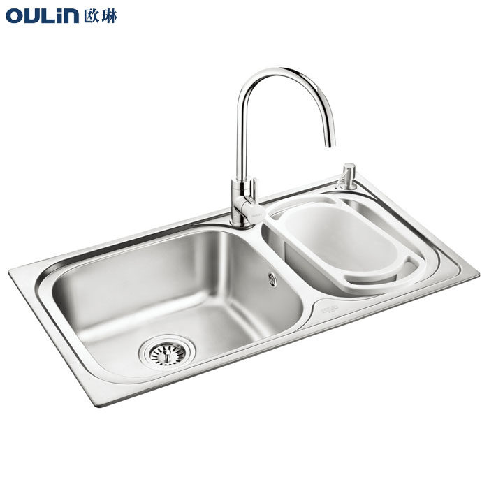 欧琳 乐维系列 双槽水槽套餐OLC81461+OL-8101龙头 有皂液器