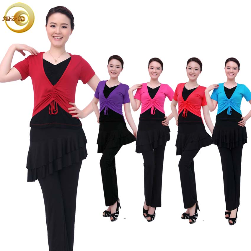 烟云霏 广场舞服装 新款假两件上衣短袖 裙裤套装 拉丁舞服
