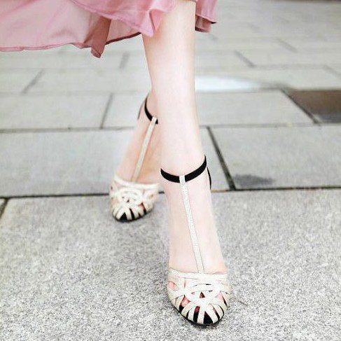 【高跟鞋】2014新款夏季女式凉鞋高跟罗马羊皮真皮镂空包头性感小香风女鞋子