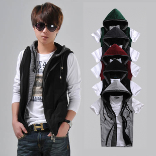  春款新款男装韩版非主流修身假两件马夹时尚英伦风连帽马甲潮
