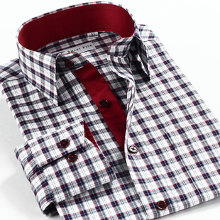  [SmartFive]休闲英伦格子衬衫纯棉男士修身衬衫方领男式长袖衬衣