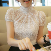 韩版高领雪纺蕾丝衫春夏短袖女士衬衫 吊带背心透视百搭上衣