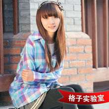 [青柠]2012春装新款女装长款长袖韩版女士格子衬衫格子衬衣纯棉
