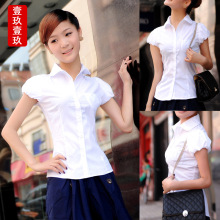 2012夏装新款女装韩版修身泡泡袖ol通勤白色短袖衬衫女衬衣女短袖