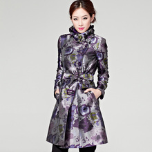 十月传奇2011新品立领高贵紫花图案收腰长款风衣 女 外套 秋冬