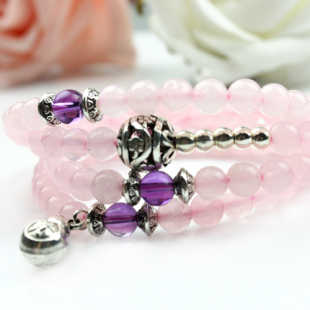  开运堂 天然冰种粉晶配紫晶108颗佛珠手链 藏银复古 原创桃花新款