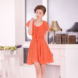 2012春装新款女装夏装夏季新品甜美蝴蝶结圆点收腰雪纺连衣裙子