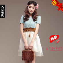 淘金币 依蕾娜vivi杂志同款2012夏新款欧美复古拼接牛仔网纱雪纺