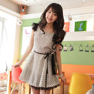 【三件包邮】Mifina韩国女装甜美丝滑圆点蕾丝袖公主夏装连衣裙